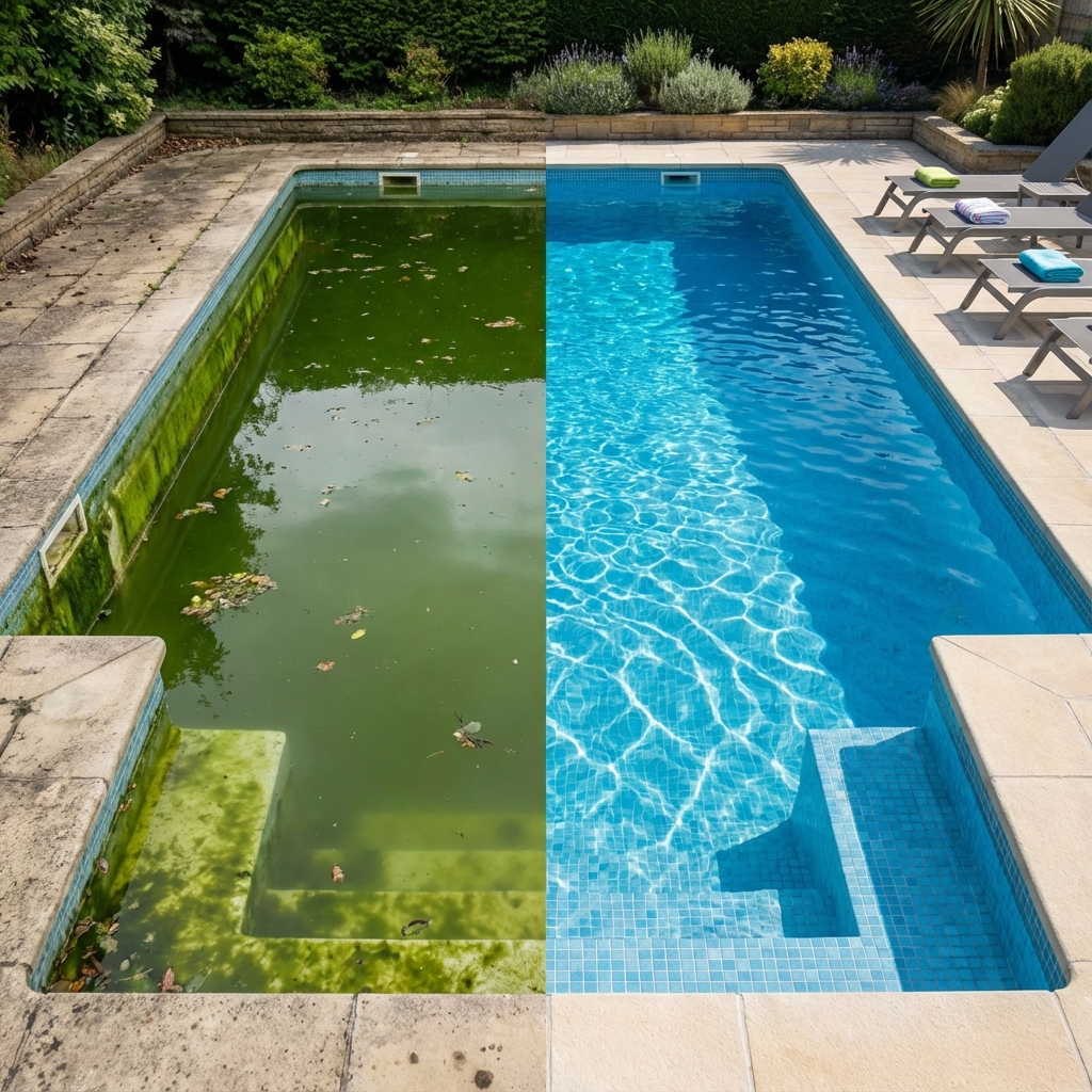 Rattrapage eau verte piscine avant après